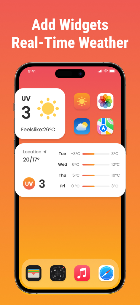 SunkissTimer:AI Taning Routine - iPhone home screen displaying real-time UV index and weather forecast widgets from the SunkissTimer app