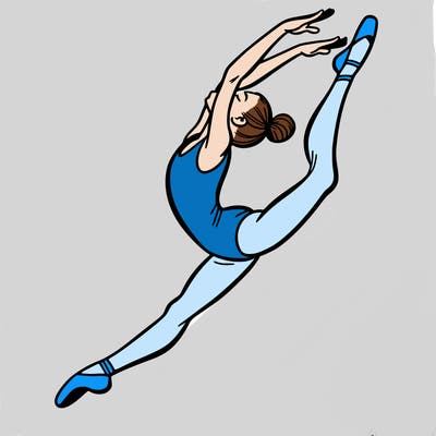 gymnast doing a leap in a leotard with a bent back leg