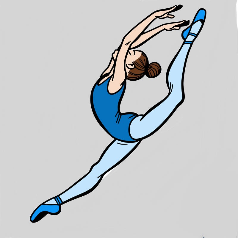 gymnast doing a leap in a leotard with a bent back leg