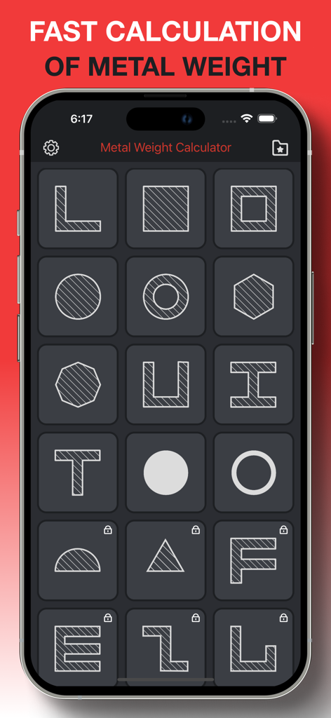 Rolled metal weight calculator - Interface of the metal weight calculator app showing a selection of metal profile shapes like I-beams and pipes