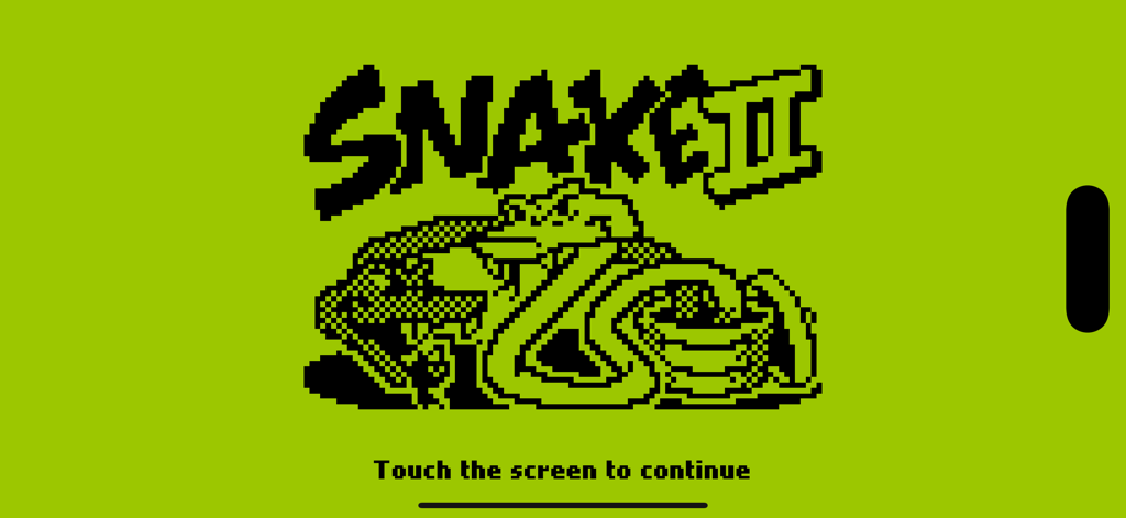 Snake II: Classic Mobile Game - Splash screen of Snake II mobile game with retro pixelated graphics on a green background.