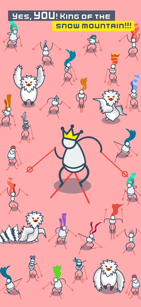 Yeti Ski: winter sport 4 watch - Eine Vielzahl von stilisierten sammelbaren Skifahrern und Yeti-Charakteren auf einem rosa Hintergrund