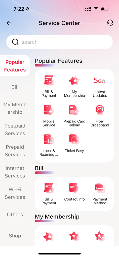 CTM Buddy Service Center dashboard showing various mobile and utility services including bill payment and roaming options.