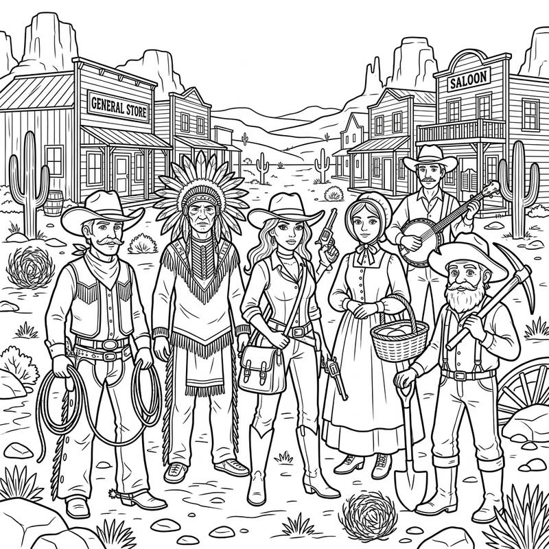 Embark on a coloring journey to the old American frontier with this exciting Wild West characters page. Discover cowboys, Native Americans, pioneers, and more, ready for your creative touch!