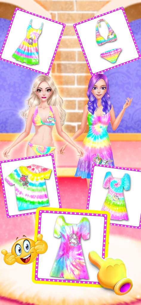 Tie Dye Simulator - Dos personajes vistiendo atuendos tie-dye arcoíris con una selección de vestidos y bikinis en el juego Tie Dye Simulator