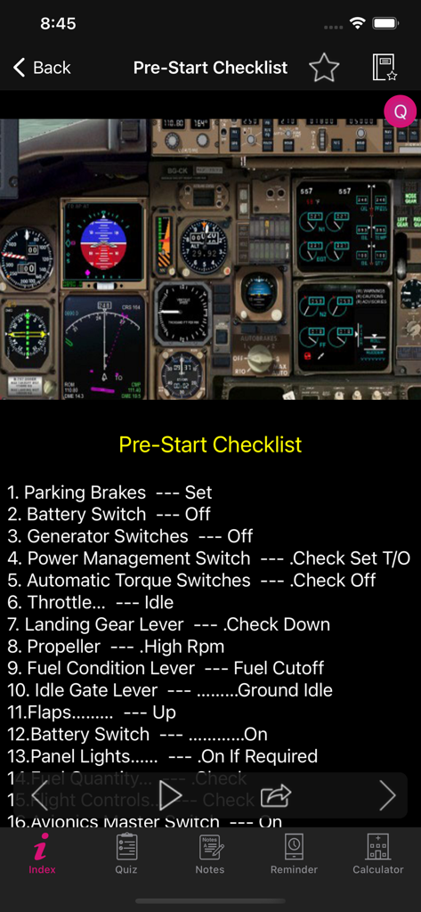 A mobile app screen showing an ATR 72 cockpit instrument panel above a numbered pre-start checklist.