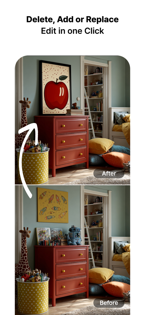 MeeAww - AI Photo Editor - A before and after comparison showing an interior room where objects were removed and replaced using AI photo editing