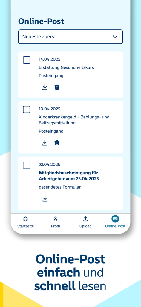 Meine SBK - The digital inbox of the Meine SBK app showing insurance notifications and documents