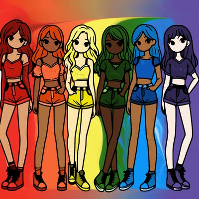 a group of girls wearing crop tops and shorts