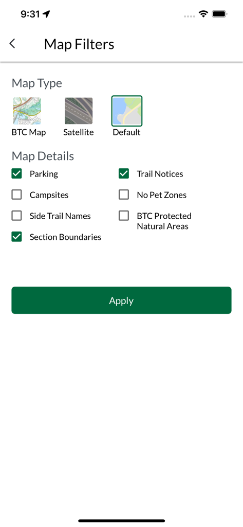 Bruce Trail App - Pantalla de filtros de mapa en la aplicación Bruce Trail que muestra opciones de tipos de mapa y detalles del sendero como estacionamiento y avisos