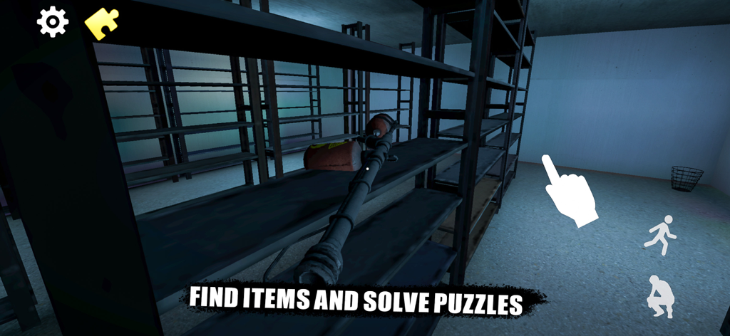 Taco Loco: Horror Game - First person gameplay showing metal shelves in a dark room with text overlay about finding items and solving puzzles