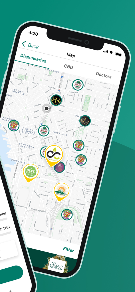 Leafly app map interface showing locations of local dispensaries and CBD shops