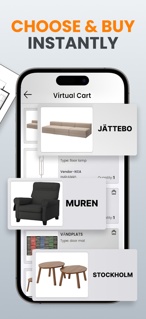 House Design Ai - Home Planner - Virtual cart interface of the House Design Ai app showing a selection of furniture items like a sofa and armchair for instant purchase.
