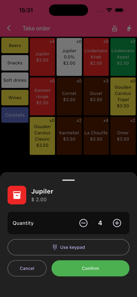 Aplicación de punto de venta móvil mostrando una pantalla de pedido con artículos codificados por colores y un selector de cantidad