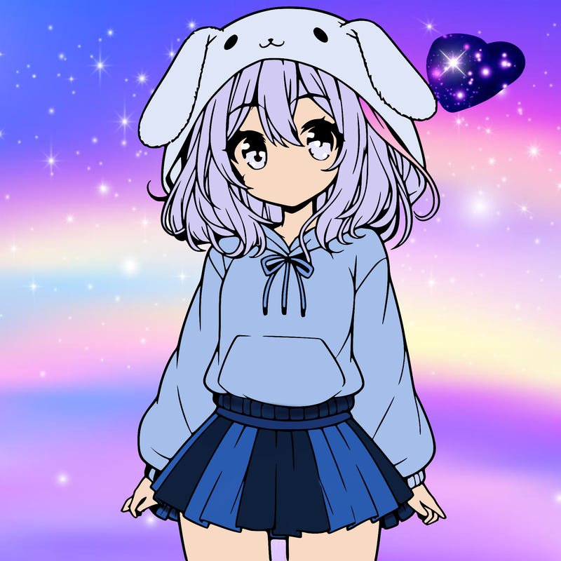 pretty anime girl wearing a fluffy hoodie with bunny ears on the hood and a skirt