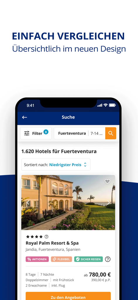 Smartphone screen displaying hotel search results for Fuerteventura in the ab in den urlaub travel app.