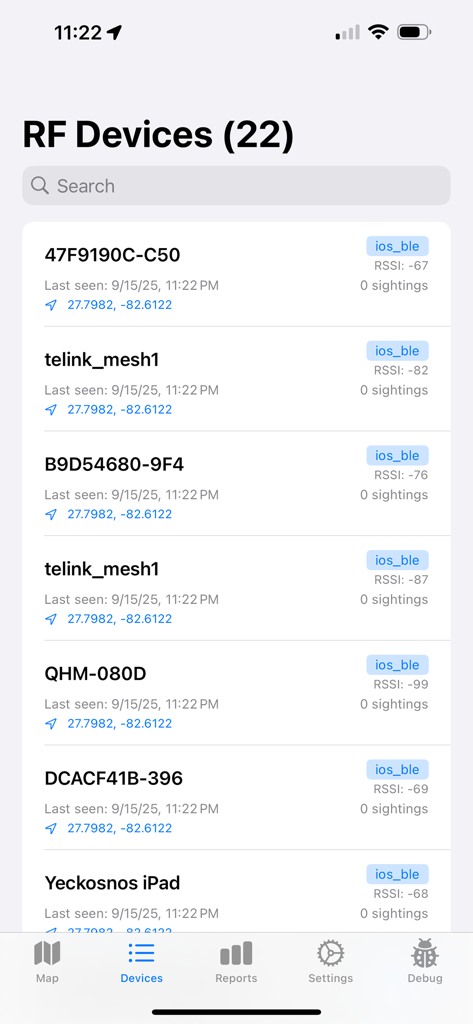 RF Aware - A list of detected radio frequency devices in the RF Aware mobile app displaying signal strength and location data.