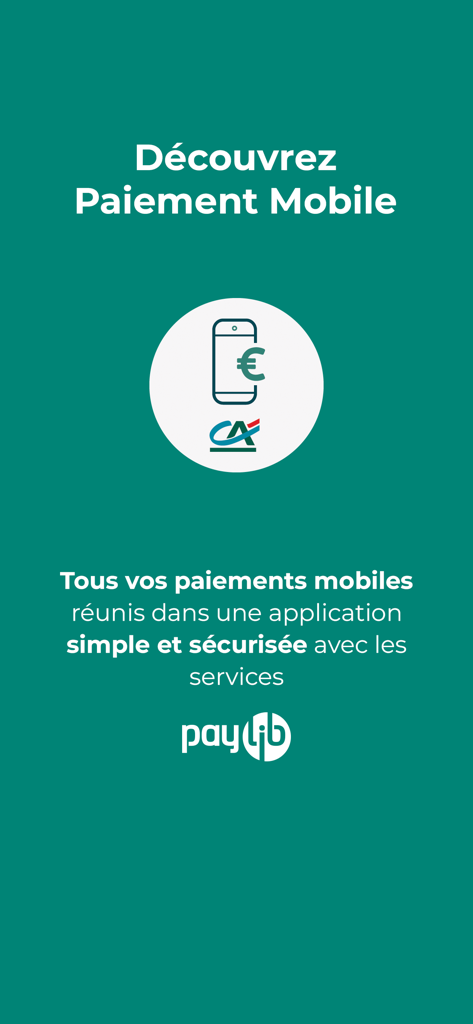 Pantalla de introducción de la aplicación de pago móvil de Crédit Agricole destacando los servicios de Paylib