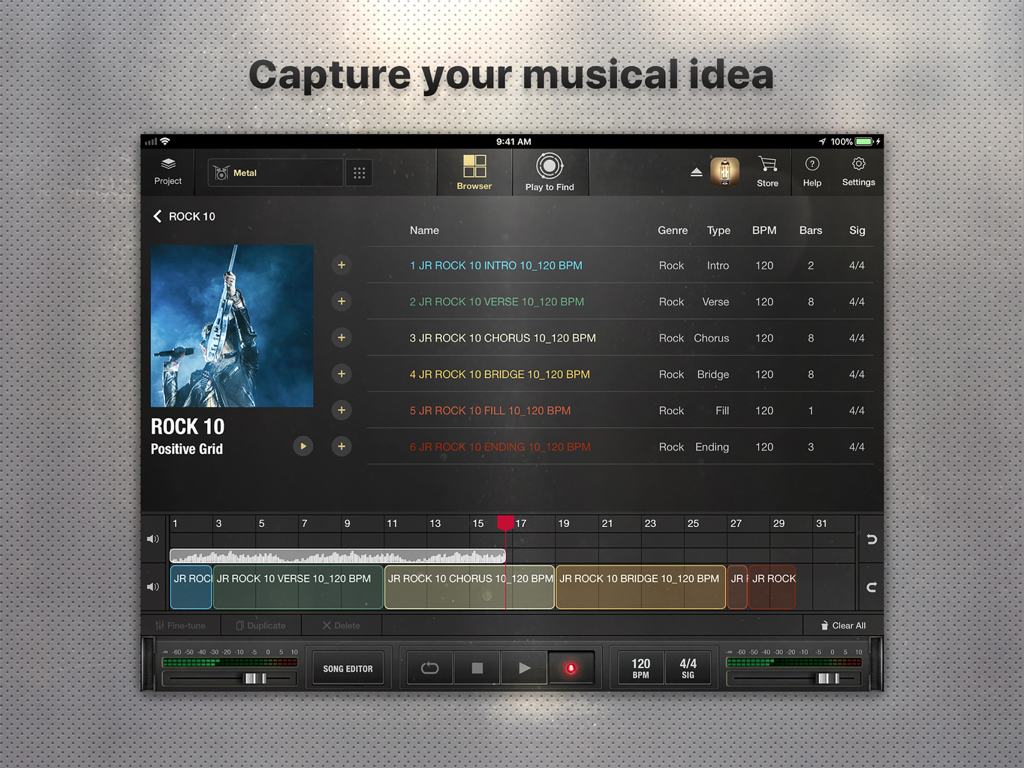 X Drummer: Songwriting Tool - X Drummer App zeigt das Song-Editor-Interface mit einem Rock-Drum-Track-Arrangement