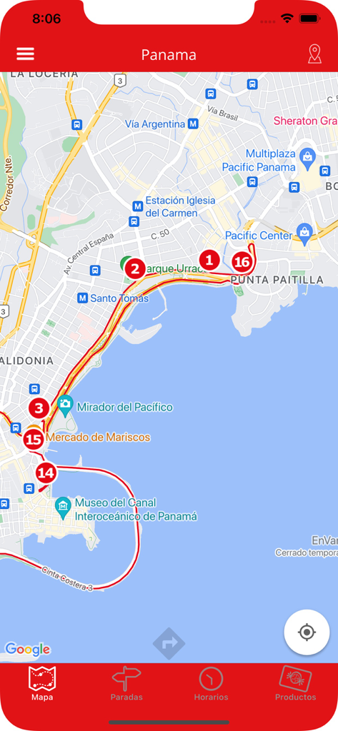 City Sightseeing Panama - Map interface of the City Sightseeing Panama app showing the tour bus route and stops