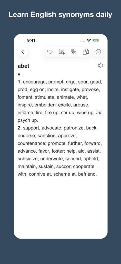 English Synonym Finder - Benutzeroberfläche der mobilen Englischen Synonym-Finder-App, die Synonyme für das Wort 'abet' anzeigt.