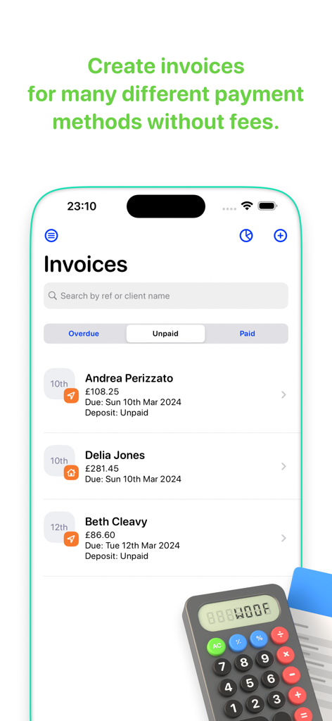 Walkies: Pet Sitting & Walking - Mobile app screen showing a list of unpaid invoices for pet sitting services