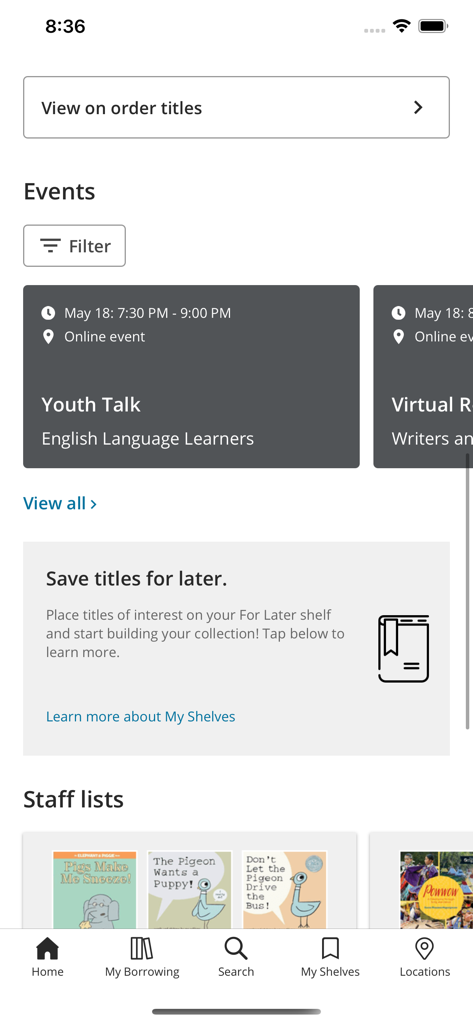 Edmonton Public Library - Home screen of the Edmonton Public Library app featuring library events and staff book recommendations
