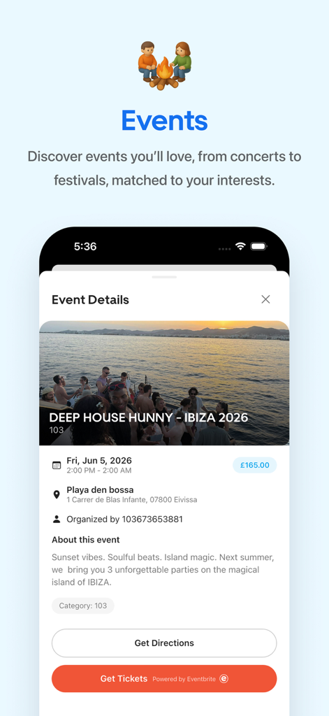 Travy: Plan Trips & Itinerary - 티켓 예약 및 길 찾기 옵션이 있는 이비자 음악 페스티벌 이벤트 세부 정보를 보여주는 Travy 모바일 앱 스크린샷