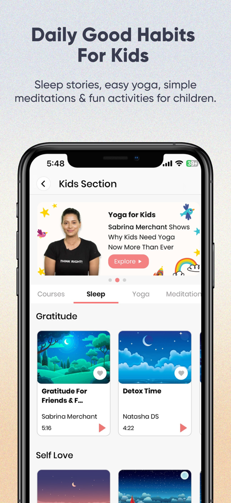 ThinkRight: Meditation & Sleep - Interface of ThinkRight app showing kids section with yoga sleep stories and meditation