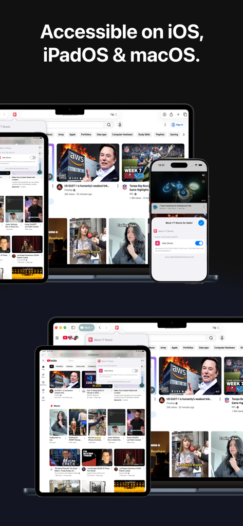 Block YT Shorts for Safari interface shown across iPhone iPad and Mac devices