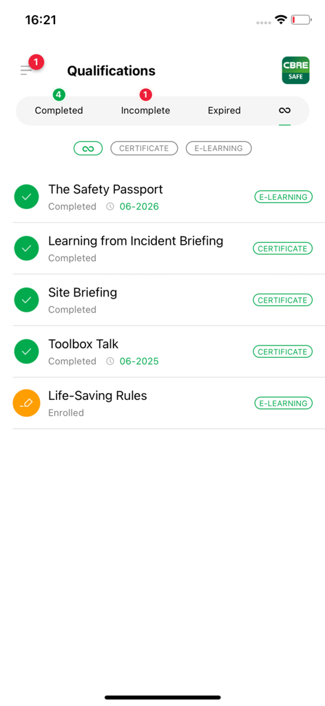 Qualifications screen in the CBRE SAFE app showing a list of completed and enrolled safety training certificates.