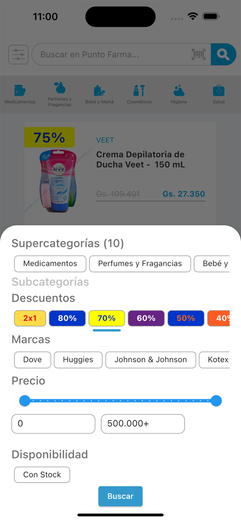 Interfaz de la aplicación PuntoFarma que muestra filtros de búsqueda por categorías y descuentos.
