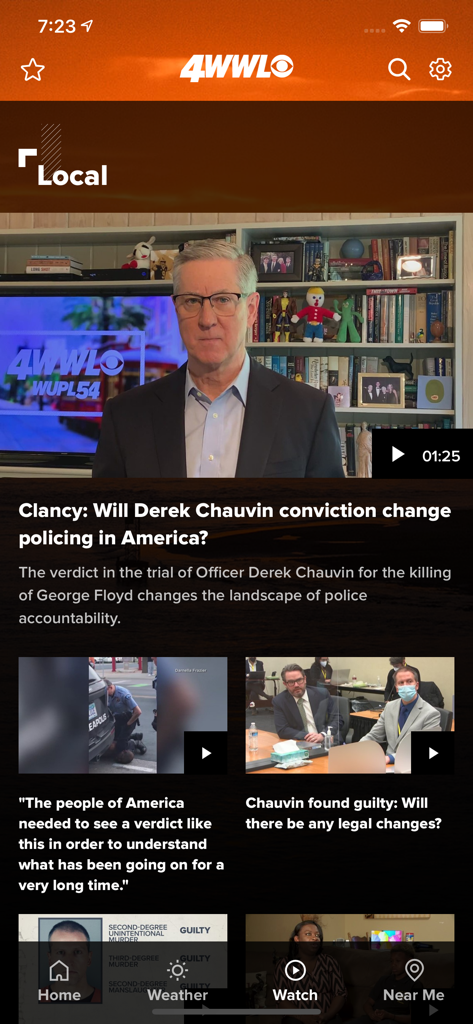 New Orleans News from WWL - Pantalla de la aplicación de noticias WWL Nueva Orleans con un reportaje de video.