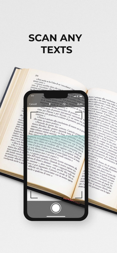 Text To Speech – Audio Reader - Un smartphone escaneando un libro físico para convertir texto a audio utilizando tecnología OCR