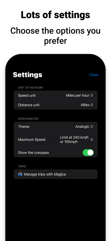 Settings screen of the Digital GPS Odometer app showing unit of measure and speedometer theme options.