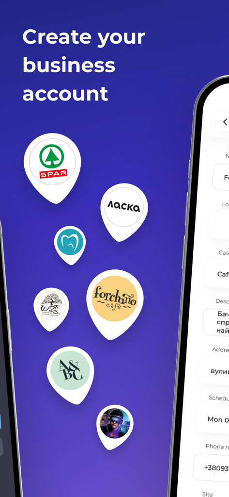 Pantalla de la aplicación Smap para crear una cuenta de negocio que presenta varios logotipos de marcas en pines de mapa.
