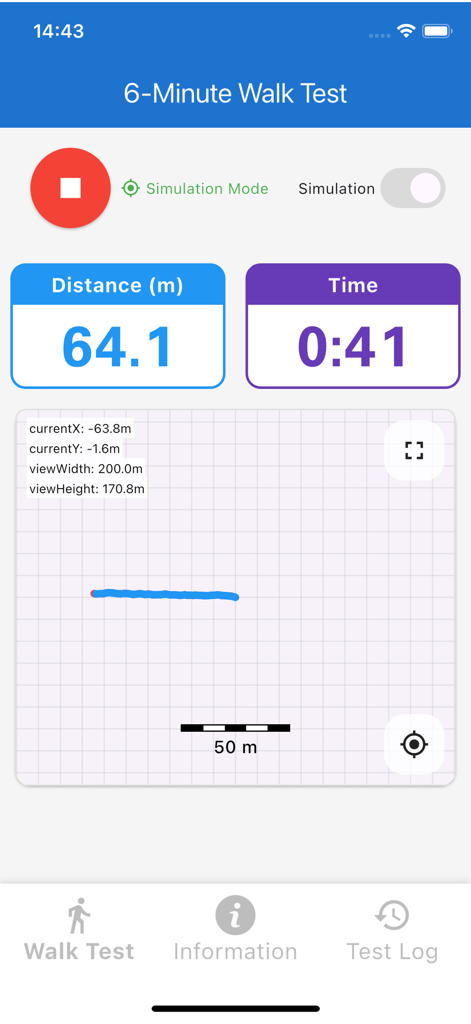 Interfaz de la aplicación Prueba de Caminata de Seis Minutos que muestra la distancia recorrida en metros y el tiempo transcurrido durante una sesión de caminata