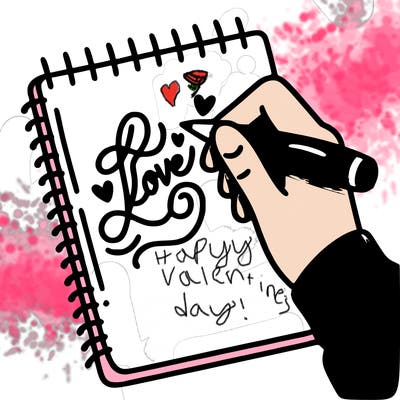 a hand writing “love” in calligraphy on a notebook