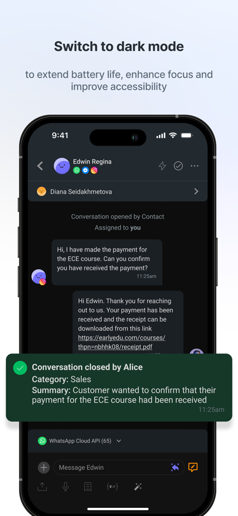 Mobile interface of respond.io app in dark mode displaying a customer conversation and sales summary