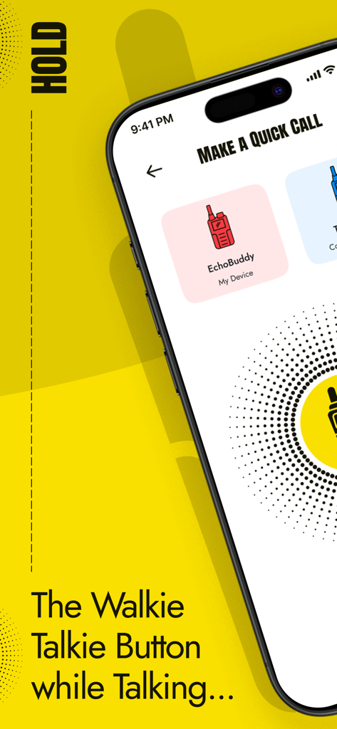 Walkie Talkie Offline - Interfaz de la aplicación Walkie Talkie Offline mostrando la pantalla de llamada rápida y un botón de pulsar para hablar.