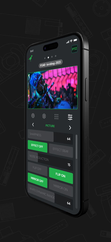 NDI PTZ Control - NDI PTZ Control app on iPhone showing camera picture adjustment settings and live preview