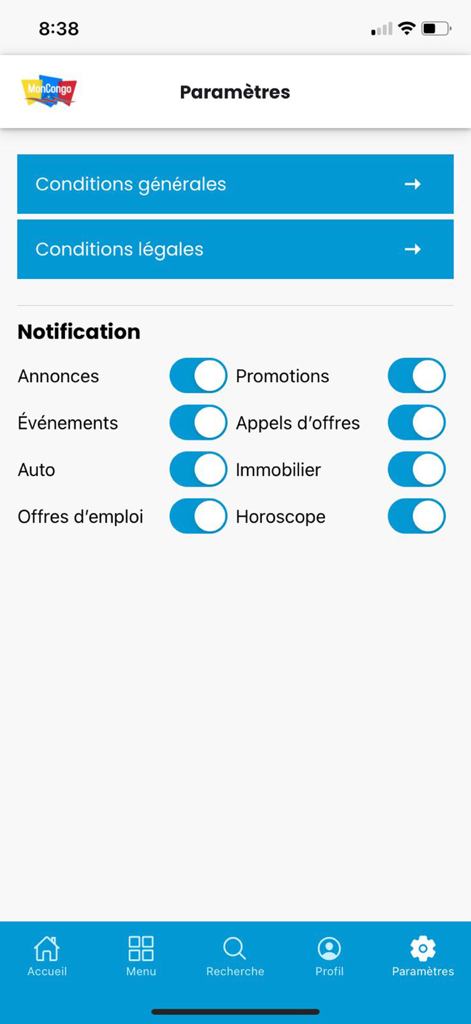 Écran des paramètres de l'application MonCongo montrant les interrupteurs de notification pour les appels d'offres commerciaux et les offres d'emploi
