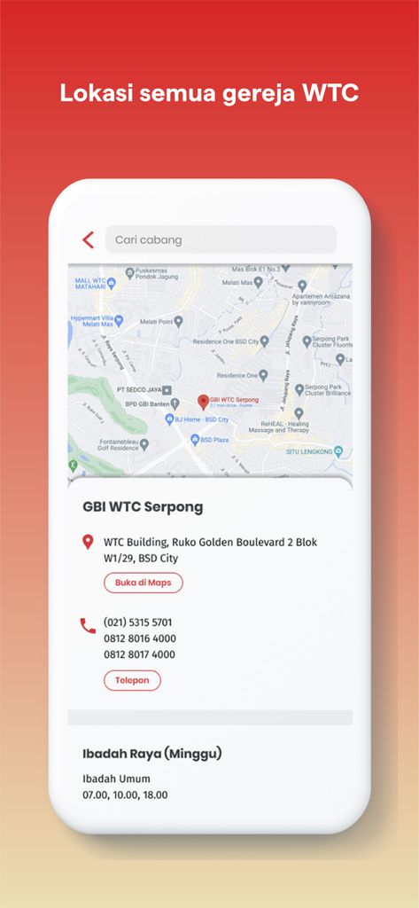 GBI WTC - GBI WTC app church location screen with map address and service times