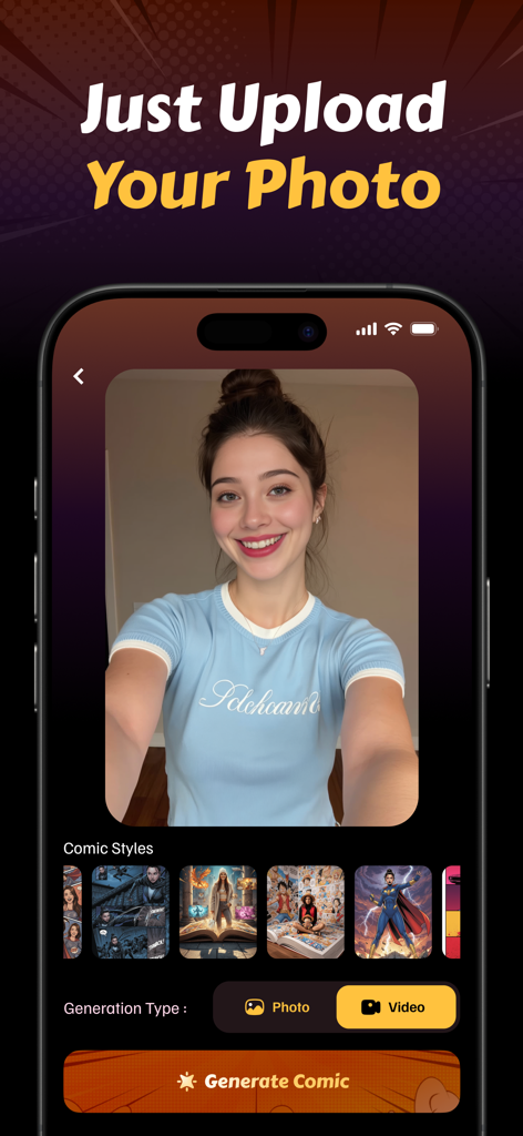 AI Comic Generator - Comic Art - 写真のアップロードとコミックのスタイル選択を示すAIコミックジェネレーターアプリのインターフェース