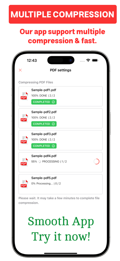 iPhone画面で複数のPDFファイルが同時に圧縮されている様子を示すインターフェース。