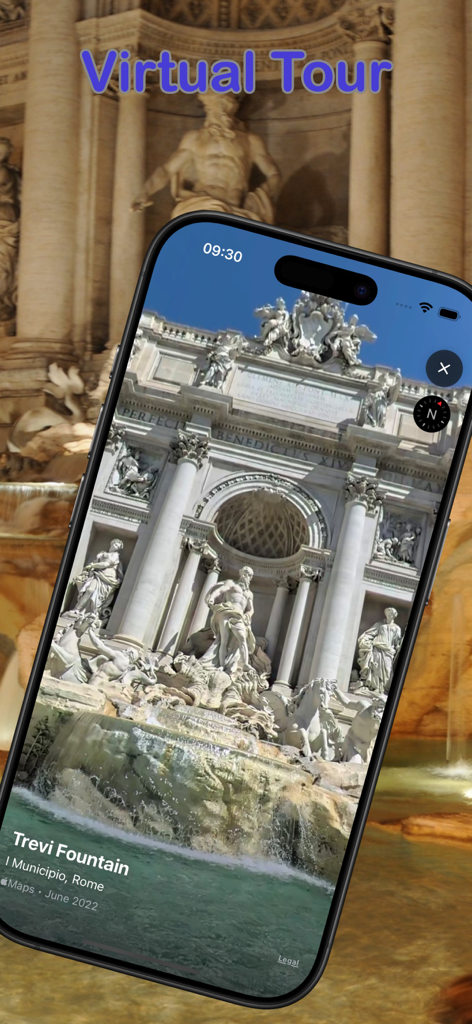 Rome History & Art Guide - Pantalla de smartphone que muestra un tour virtual de la Fontana di Trevi en Roma dentro de la aplicación.