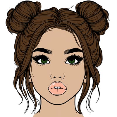 realistic girl with two buns on her hair and lips