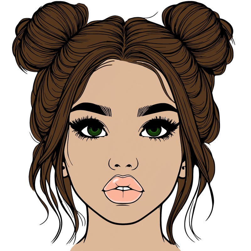 realistic girl with two buns on her hair and lips