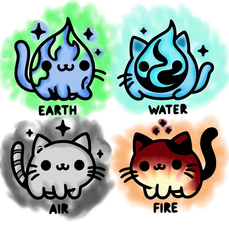 4 cats that represent the different elements, earth, water, air, and fire