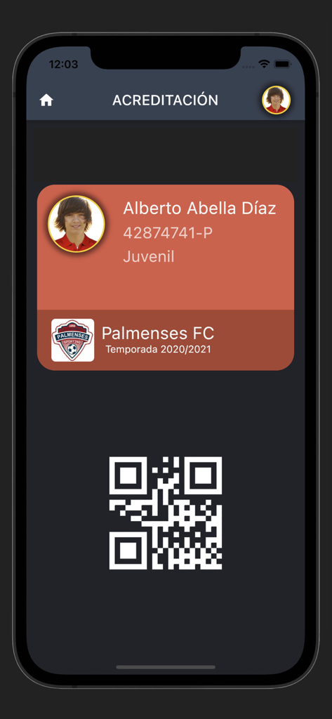 Gesdep Connect - Tarjeta de acreditación digital del jugador con foto y código QR en la aplicación Gesdep Connect